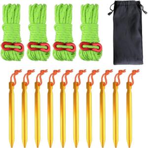 image:imageAzarxis Reflective Cord Pack Tent Guyline Rope HighStrength Lightweight with Aluminum Cord Adjuster for Tying Down Tarps Camping Tent Outdoor PackagingC  10 Gold Pegs  4 Fluorescent Green Cords  4mm