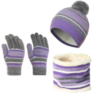 image:imageAzarxis Kids Childrens Balaclava Hat Fleece Ski Face Mask Winter Cap Adjustable Double Neck Warmer05 Light Purple  Hat Scarf Gloves Set